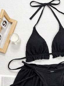 Conjunto de bikini de 3 piezas con parte superior de atar al cuello, estampado de lunares y shorts, con volantes, para mujer, para playa de verano - Negro - Ver 3