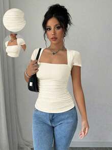 Raffinéa Camiseta ajustado de moda con mangas raglan, cuello en U, cintura fruncida, elástica, blanca, para primavera/verano, para mujeres - Caqui - Ver 8