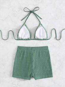 2 piezas Conjunto de bikini de unicolor con textura, tipo halter, adecuado para vacaciones de verano en la playa - Verde Oliva - Ver 7