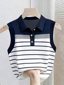 Camiseta de tirantes casual de mujer con estampado de rayas y bordado para el verano - Multicolor 12 - Ver 1