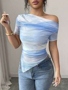Camiseta de manga corta con hombros oblicuos y estampado de teñido anudado para mujer - Azul y blanco - Ver 6