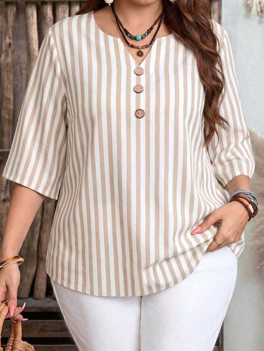 Camisa de mujer de estilo minimalista casual con microrayas azules, adecuada para primavera/verano, con vibra de resort - Multicolor 9 - Ver 1