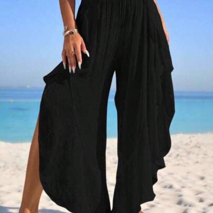 Swim Vcay Summer Outfits For Women 1pc Solid Color Ruffle Trim Sheer Beach Cover Up Pants Summer - Negro - Ver 1