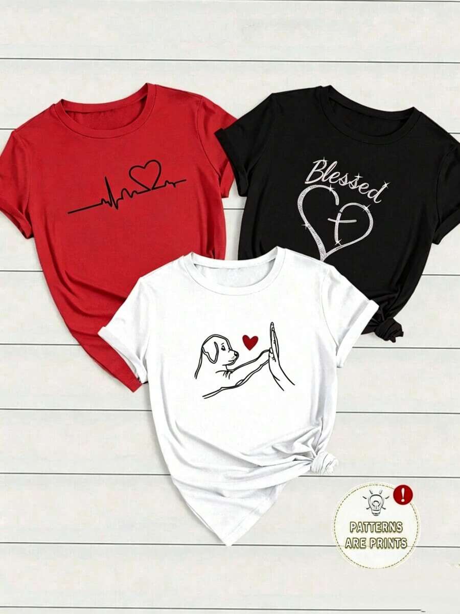 Prenda individual, no un conjunto de 3 piezas, 1 piezas/set de camisetas de manga suitable for streetwear, Top oversized cuello redondo daily outings, camping, concerts, hip-hop, rock, and rap events camisetas gráficas de manga corta casuales para mujer con diseños de corazón y gráfico ECG - Negro - Ver 1