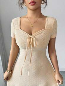 Nuevo vestido de verano con cuello cuadrado, cordón y lunares, con falda acampanada y cintura ceñida, vestido corto elegante para mujeres - Albaricoque - Ver 2
