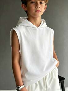 Tween Boys Sleeveless Hooded T-Shirt, Stylish Casual, Solid Color Versatile, Fashion Top, Suitable For Travel, Vacation, Camping, Birthday Gift, Great For Outdoor - White - View 9