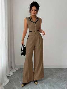 Traje de chaleco y pantalones con ribete de contraste elegante para mujer, todos los atuendos para mujer, de vuelta a la escuela, atuendos de maestra para mujer, vestido de invitada de boda elegante, casual de negocios para mujer, vestido de in - Marrón - Ver 5