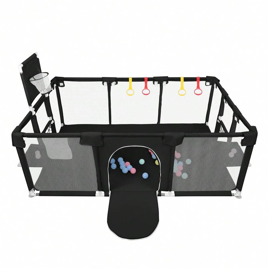 Bed Rail, Playpen 180 X 120 X 66 Cm With 50 Ocean Balls, Play Area With Football Goal And Basketball Hoop - 黑色 - 查看 1