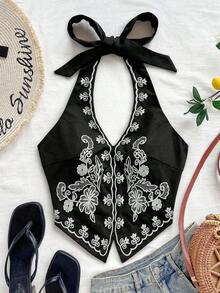 Top corto para mujer estilo bohemio sin mangas con diseño de espalda de tirantes, cuello halter con diseño anudado y bordados florales, adecuado para festivales de música - Blanco y Negro - Ver 7