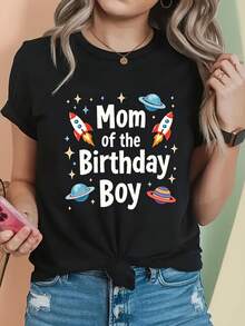 Happy Birthday Mom Graphic Print T-Shirt, Short Sleeve Crew Neck Casual Top For Summer And Spring, Women's Clothing - 黑色 - 查看 1