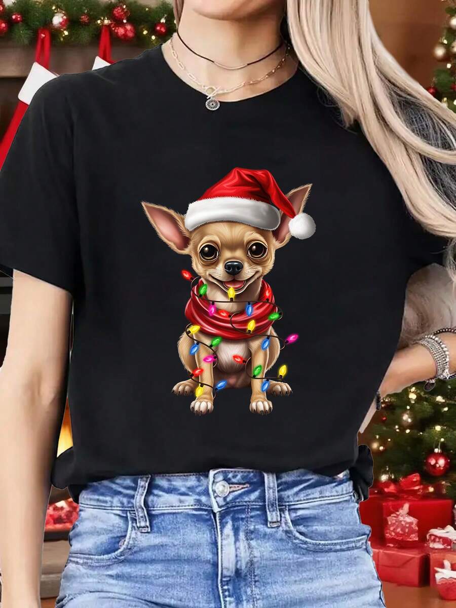 Camiseta de primavera nueva para mujeres con sombrero de Navidad Chihuahua String Lights Print - Perfecto para deportes, fitness, carrera, moda, única, divertida, cómoda, suave y transpirable. Manga corta para fiestas de Navidad, ropa de vacaciones