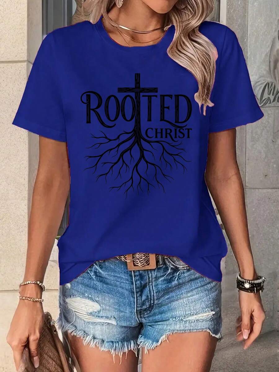 Camiseta casual de manga corta y cuello redondo para mujer, de primera calidad, estampada con las palabras "ROOTED IN CHRIST", hecha de tela ligeramente elástica, corte regular, perfecta para usar en otoño e invierno. Ecológica. - Azul - Ver 1