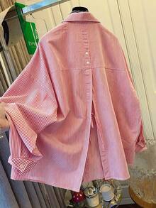 Women's Blue & White Striped Shirt, Loose Fit, Tie Back Design, Suitable For Commuting, Casual Wear, Beach, Vacation - Big Red - View 4