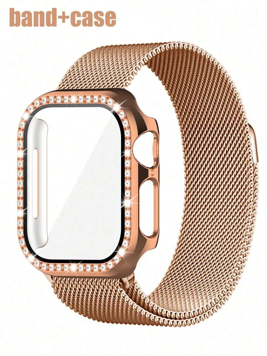 Bộ dây đeo và ốp lưng đồng hồ này tương thích với Apple Watch. Thiết kế thời trang, giản dị và phù hợp cho cả nam và nữ. Sản phẩm gồm dây đeo lưới bằng thép không gỉ mềm mại, thoáng khí và có thể điều chỉnh, kết hợp với ốp lưng PC chống va đập và chống trầy xước, được đính đá lấp lánh, cùng với lớp kính cường lực bảo vệ. Bộ sản phẩm 2 trong 1 này tương thích với Apple Watch Series Ultra/11/10/9/8/7/6/5/4/3/SE, và các kích thước dây đeo và ốp lưng 38/40/41/42/44/45/46/49 mm. - Hoa hồng vàng - Xem 1