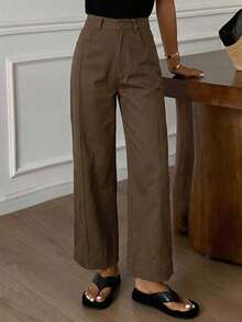 Pantalones holgados con vuelo y bolsillos para mujer, pantalones casuales de unicolor estilo callejero para otoño - Marrón - Ver 4