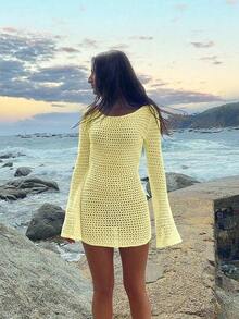 Vestido corto de playa de manga larga, transparente y con espalda descubierta, de unicolor y sexy para mujer, ideal para vacaciones de primavera/verano - Amarillo claro - Ver 7