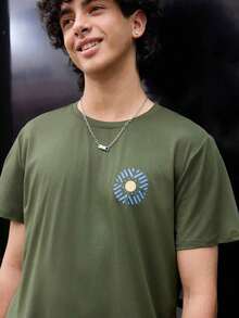 Men's Short-Sleeved T-Shirt With A Crew Neck And Graphic Print, From Open Phase. Casual And Versatile Style For Everyday Wear, Slim Fit, American Retro Style, Unisex, Relaxed Fit, Ideal For Summer And Summer Vacation Outfits. - Lightweight. - 軍綠色 - 查看 5