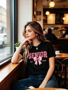 1 pieza de camiseta rosa para graduados de la clase de 2026, regalo para graduados, 100% algodón, camisetas para mujer, ropa superior, adecuada para todas las estaciones, 180g, 100% algodón suave. - Negro - Ver 5