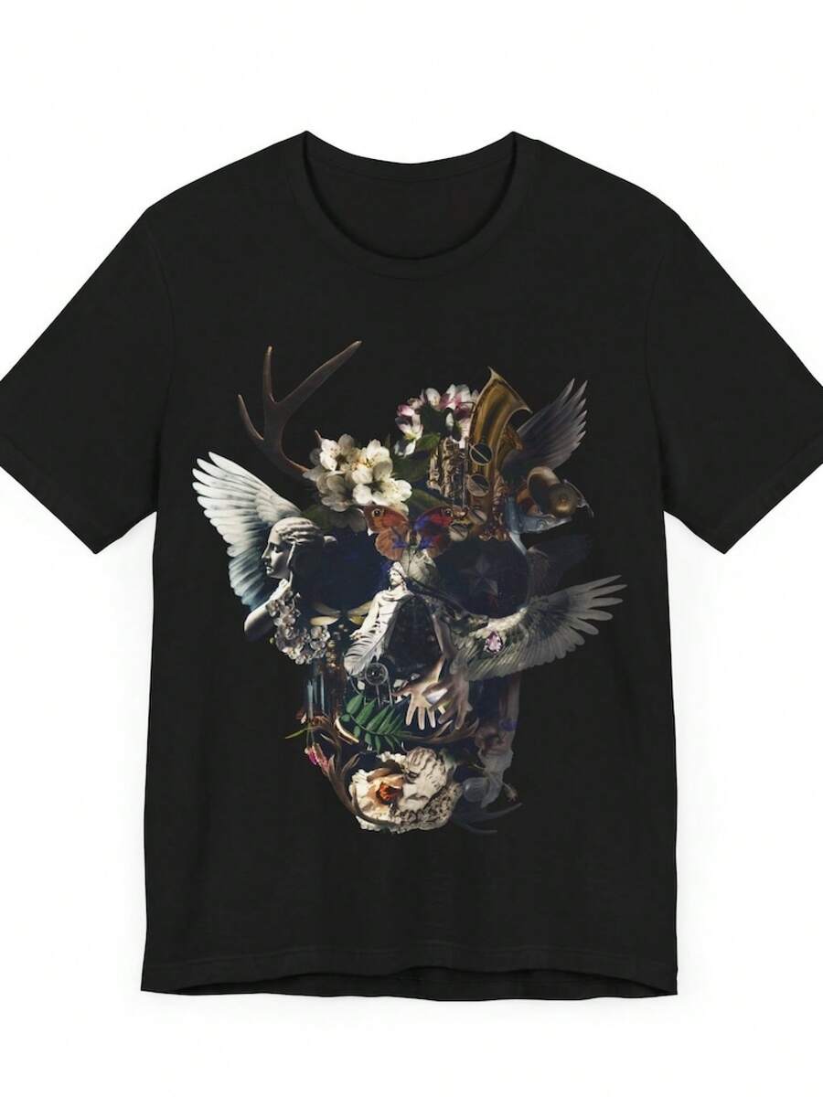 Unisex T-shirt med blommigt dödskallemönster: Gotisk konst Unisex T-shirts för män, herr-T-shirts, herrkläder, herrset, herr-T-shirt, herrartiklar, vardagsklänningar för kvinnor, damset, eleganta blusar, dam-T-shirts, damklänning - Svart - Visa 1