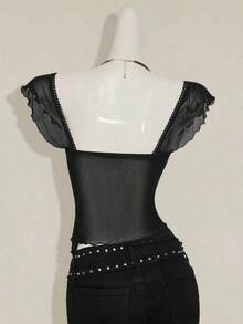 Top sin mangas con volantes, escote con pliegues, ajuste ceñido, parches de malla sexy, espalda con lazo, top casual de vacaciones - Negro 2 - Ver 2