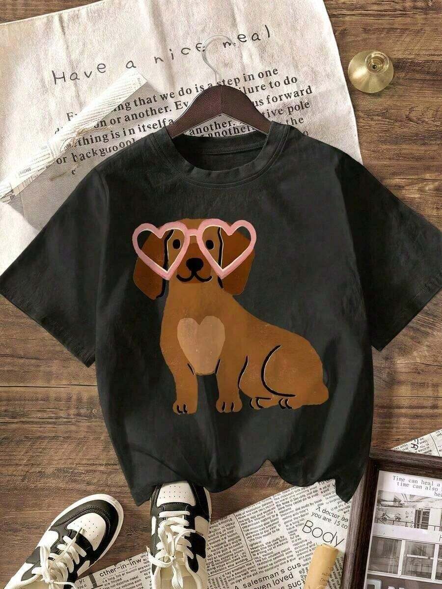 Short-Sleeved T-Shirt With Heart Print, 100% Dachshund, Casual Tops For Women, Ideal For Summer Vacation, Graphic Tees For Women, Gifts For Easter And Mother's Day, Breathable And Comfortable. - 黑色 - 查看 1