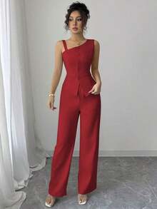 Conjunto de mujer de chaleco sin mangas con botones y tirantes oblicuos para primavera/verano + pantalones rectos con botones - Rojo - Ver 4
