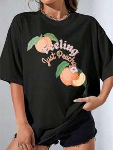 Oversized White T-Shirt With Peach Print, Casual Summer Style, Fun Printed T-Shirts For Women - Vintage Urban Style, Unisex, Cotton, Short Sleeve, Round Neck, Blouses For Women, Women's T-Shirts, Casual Blouses For Ladies. - 黑色 - 查看 4