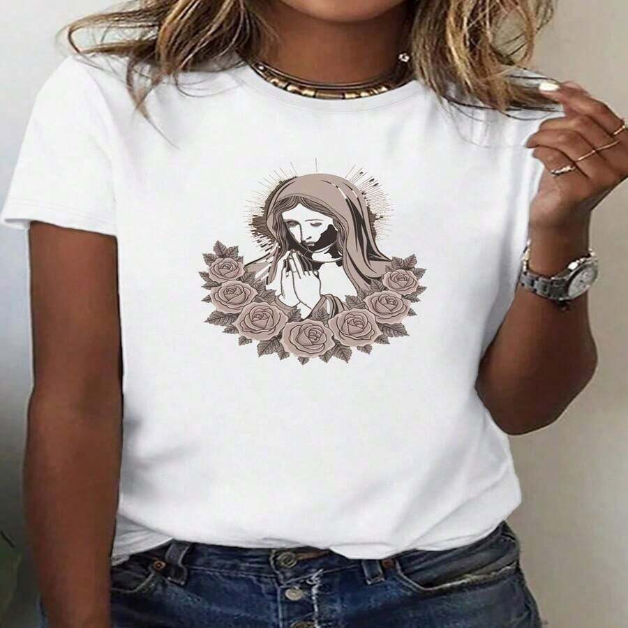 Women's 100% Cotton T-Shirt, Round Neck, Short Sleeve With Jesus Print - Vintage Urban Style, Unisex, Loose Fit, Cotton, Round Neck, Short Sleeve, Women's Blouses, Women's T-Shirts, Casual Blouses For Ladies. - 白色5 - 查看 1