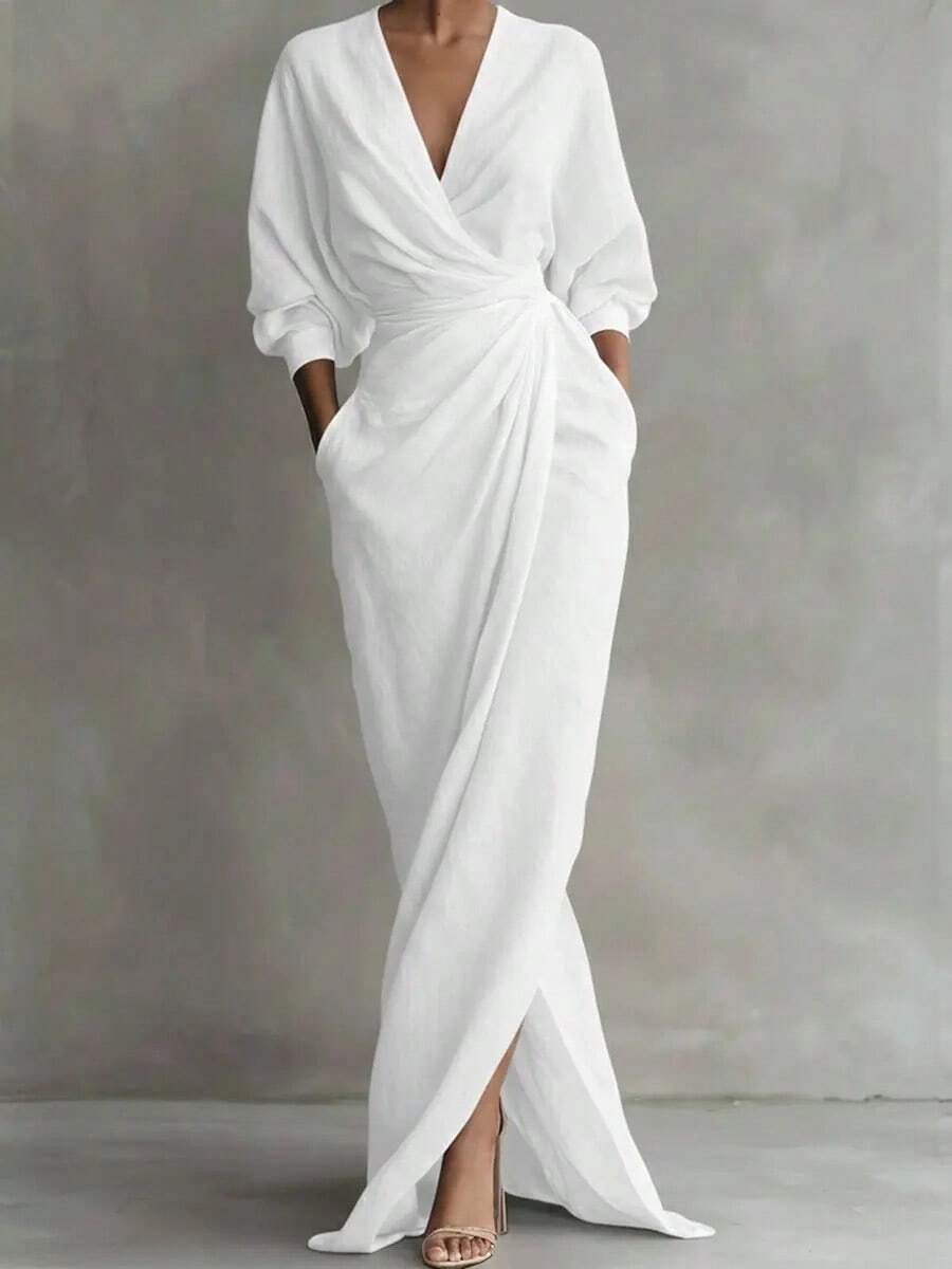 2026 New Solid V Neck Long Sleeve Dress Women Split Hem Waist Slim With Pockets Midi Dress - trắng - Xem 1
