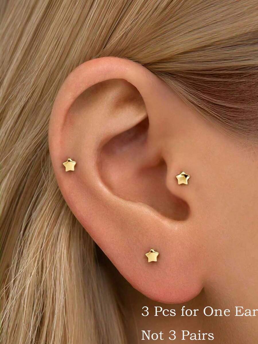 Bộ 3 khuyên tai hình ngôi sao nhỏ xinh dành cho nữ, mạ vàng 18K, khuyên tai sụn nhỏ dễ thương cho lỗ xỏ tai Helix Tragus, quà tặng trang sức phù hợp cho phụ nữ và bé gái, hoàn hảo cho đám cưới, lễ đính hôn, kỷ niệm, tiệc tùng, Ngày Valentine, quà tặng cho mẹ, Ngày của Mẹ, Ramadan. - Vàng-9# - Xem 1