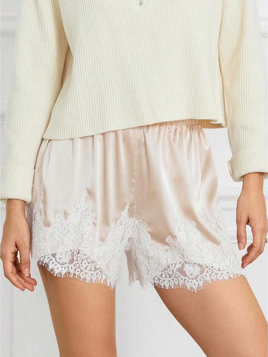 Summer Satin Mini Shorts With Lace Ruffles And Casual Shorts For Women At The Beach - Champagne - View 1
