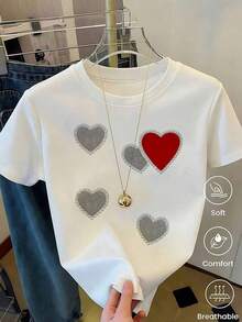 Respirable Playera Blanca de Mujer con Gráfico de 4 Corazones Rojos de Brillo y Borde Plateado, Camiseta de Estilo Aesthetic Brillante Manga Corta, Top Romántico y Femenino, Blusa Casual de Moda, ropa de calor mujer - Blanco 1 - Ver 6