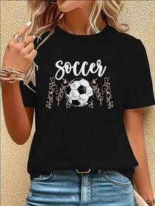 Camiseta de edición limitada para mujer, color negro, para mamás de futbolistas - Camiseta de manga corta y cuello redondo con estampados de fútbol y jugadores, hecha de tela transpirable y de alta elasticidad, lavable aáquina, para partidos de fútbol, entrenamientos, actividades de equipo y uso diario. Algodón ligero. - Negro - Ver 1