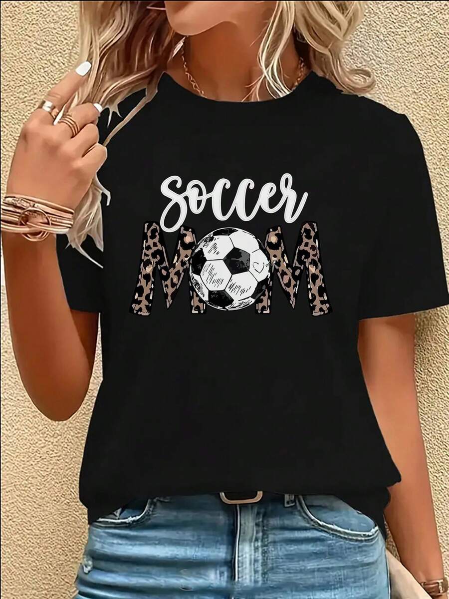 Camiseta de edición limitada para mujer, color negro, para mamás de futbolistas - Camiseta de manga corta y cuello redondo con estampados de fútbol y jugadores, hecha de tela transpirable y de alta elasticidad, lavable aáquina, para partidos de fútbol, entrenamientos, actividades de equipo y uso diario. Algodón ligero. - Negro - Ver 1