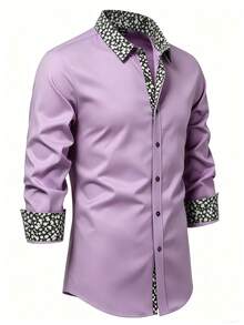 Men's Business Casual Printed Long Sleeve Shirt - Purple - View 5