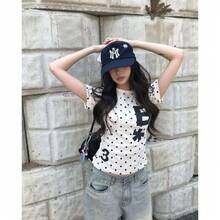 【Y2K】ドット柄 ロゴプリント 半袖Tシャツ｜ミニT コンパクトフィット チビT 水玉 英字プリント ストリート カジュアル 韓国ファッション 個性的 夏服 - ホワイト - チェックする 6