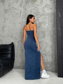 Vestido tubo casual de mezclilla con abertura alta para mujer, tejido de punto de mezclilla elástico, azul - Azul - Ver 2