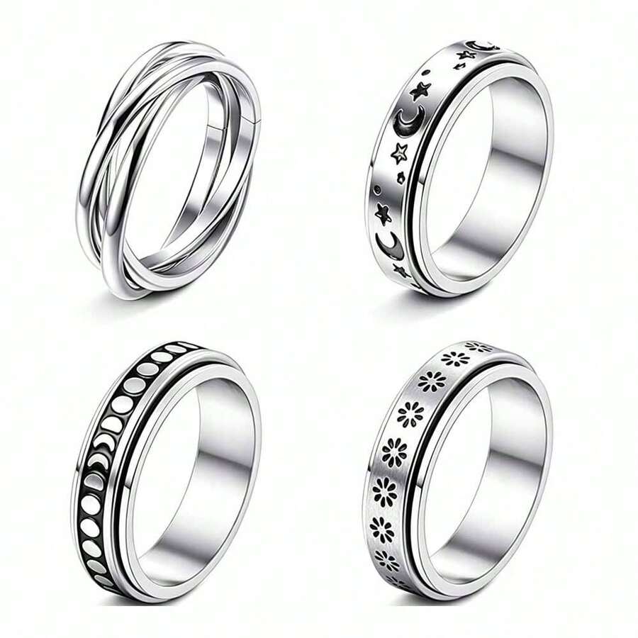 4pcs Stainless Steel Rotatable Rings, Suitable For Men And Women, Moon, Star, Celtic Design, Fashion Couple Rings Set