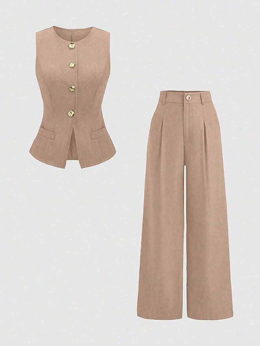 Sweetro Conjunto a juego de chaleco negro de una hilera y pantalones de pierna ancha con fruncidos - Camel - Ver 1