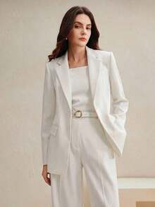 Conjunto de traje de mujer, blazer de unicolor estilo vintage + pantalones rectos, 2 piezas - Blanco - Ver 4