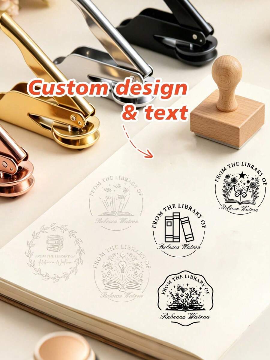 Customized Text Stamp Set, Personalized Library Name Stamp With Pliers Stamping And Self-Inking Options, 2 Types Of Stamps, Customizable Book Ownership Stamp Suitable For Books, Letters, Gifts, Customizable Design Suitable For Teachers, Book Lovers, Holiday Gifts, Housewarming Gifts - Style a - View 1