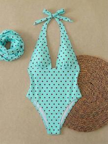 Traje de baño de dos piezas de mujer con lunares sexy, diseño retorcido y asimétrico con espalda descubierta de gasa, traje de baño de una pieza para vacaciones en la playa en verano - verde menta - Ver 2