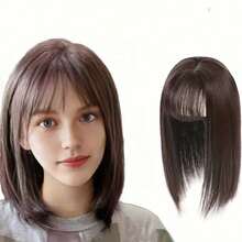 Synthetic Hair Topper For Women, 3D French Bangs Natural Fluffy Lightweight Seamless Grey Hair Coverage - Brown - View 3