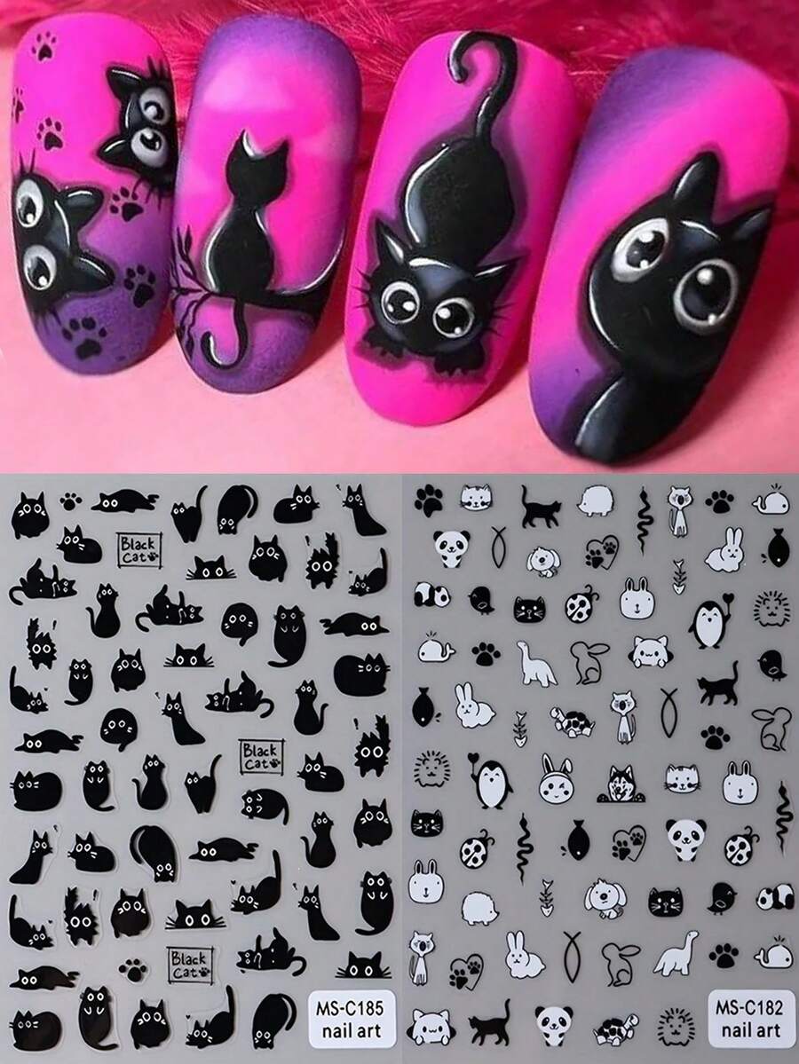 2 miếng nhãn dán móng tay 3D Kawaii mèo đen graffiti động vật hoạt hình dễ thương mèo thỏ gấu trúc chim cánh cụt decal dán móng thời trang Y2K động vật DIY làm móng tay phụ kiện