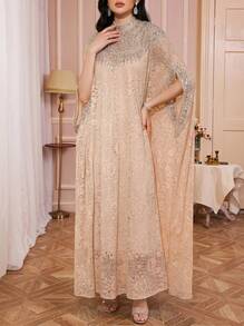 Solessence Elegant Long Lace Robe, Stand Collar Design, Decorated With Delicate Applique, Batwing Half Sleeve Spring - Apricot - View 1