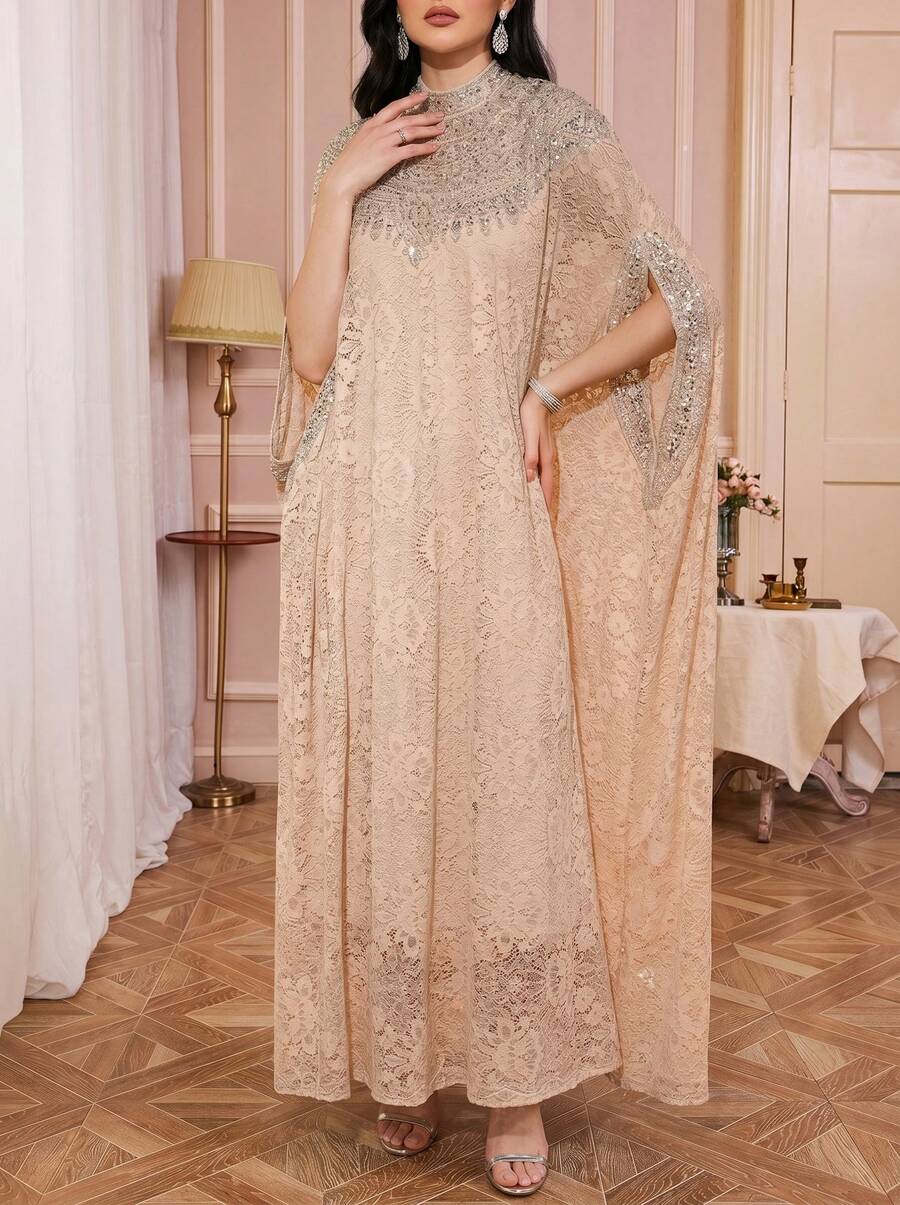 Solessence Elegant Long Lace Robe, Stand Collar Design, Decorated With Delicate Applique, Batwing Half Sleeve Spring - Apricot - View 1