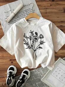 Simple Line Art Wildflower Graphic Tee Women Oversized Round Neck Short Sleeve Casual Minimalist Floral Daily Wear Tops - Black - View 6