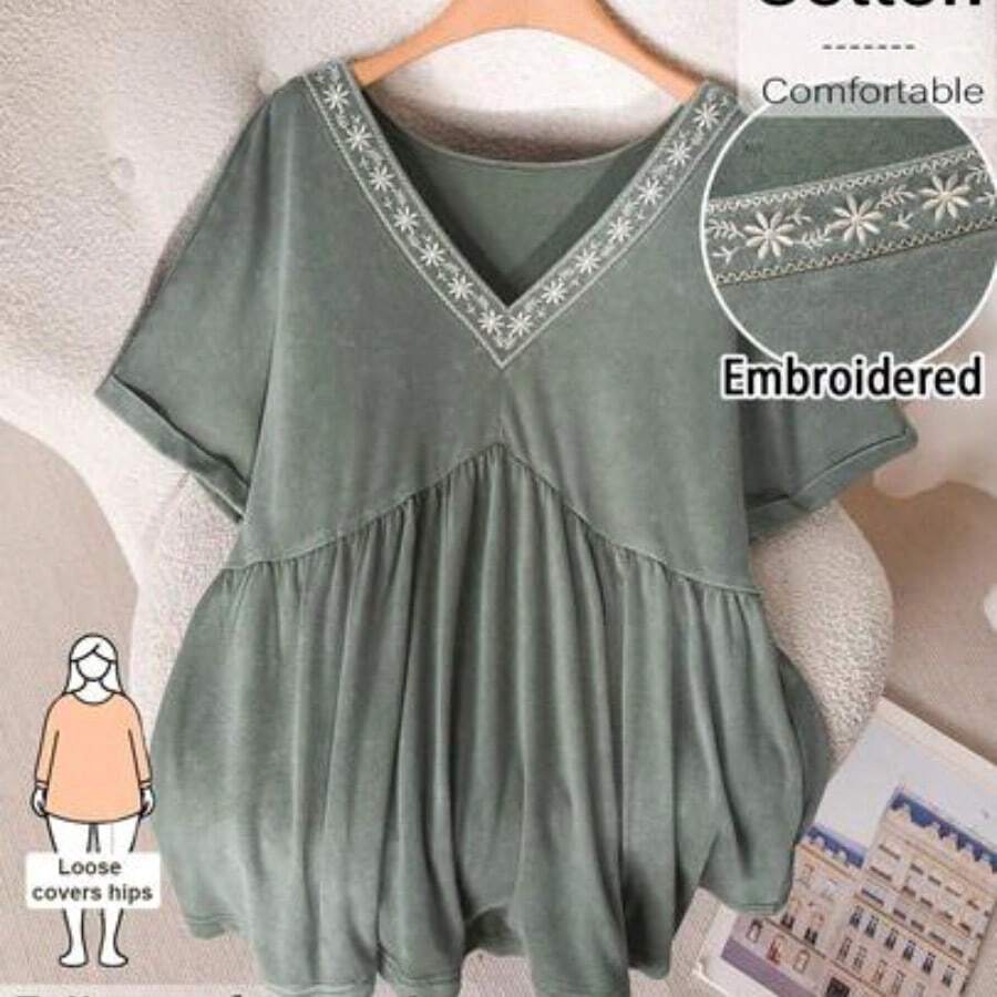CosyJoli Plus Size Women V-Neck Embroidered Casual Washed Short Sleeve T-Shirt, Going Out Tops - Verde - Ver 1