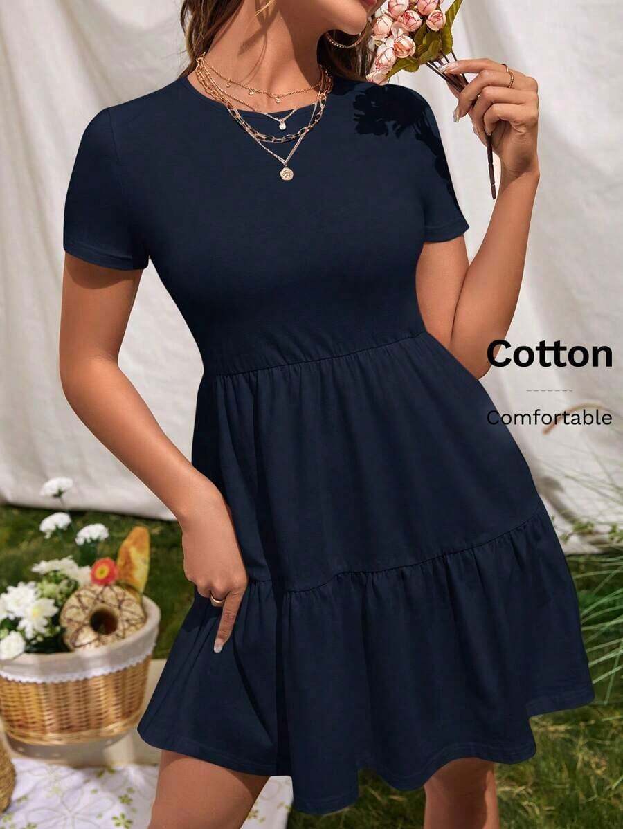 Vestido de punto de manga corta casual con cuello redondo y dobladillo con volantes de unicolor - Azul marino - Ver 1