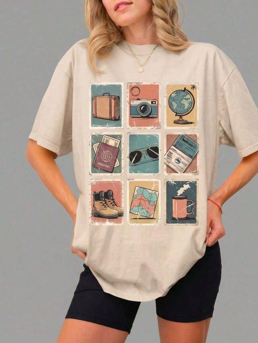 Camiseta suave 100% algodón para mujer, estilo casual de viaje, manga corta, cuello redondo, transpirable, combina con todo, genial. - Albaricoque - Ver 1